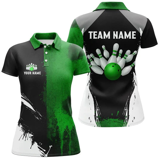 Black and Green Bowling Polo, Quarter Zip Shirt For Women Custom Bowling Team jersey, gift for bowler NQS8259
