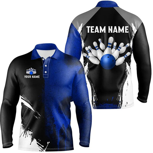 Black and Blue Bowling Polo, Quarter Zip Shirt For Men Custom Bowling Team jerseys, gift for bowlers NQS8260