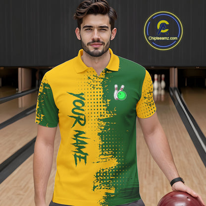 Yellow and Green Bowling Polo, Quarter Zip shirts for Men Custom Bowling Team Jerseys NQS10881