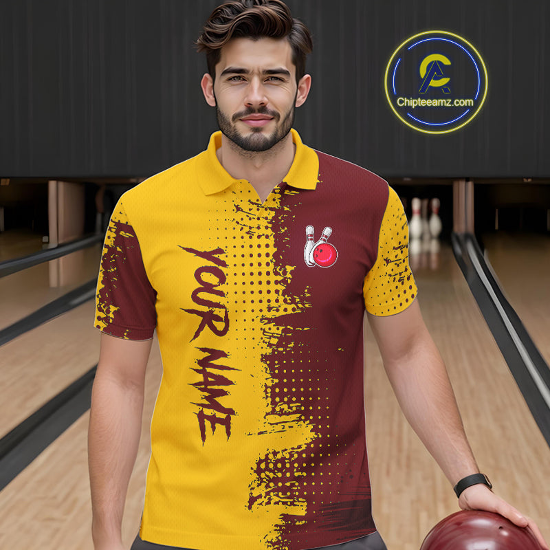Yellow and Red Bowling Polo, Quarter Zip shirts for Men Custom Bowling Team Jerseys NQS10882