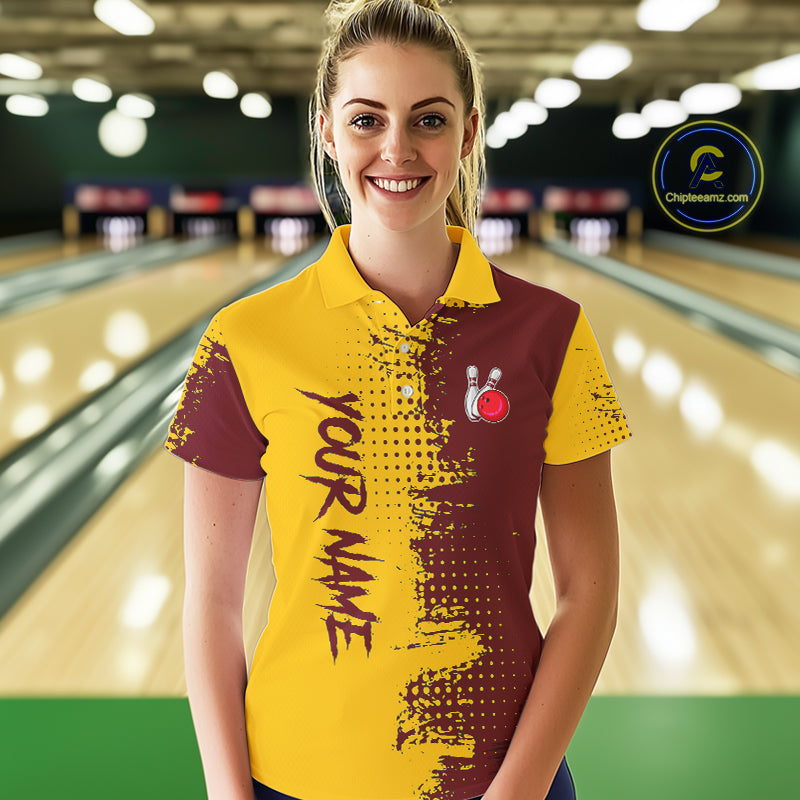 Yellow and Red Bowling Polo, Quarter Zip shirts for Women Custom Bowling Team Jerseys NQS10882