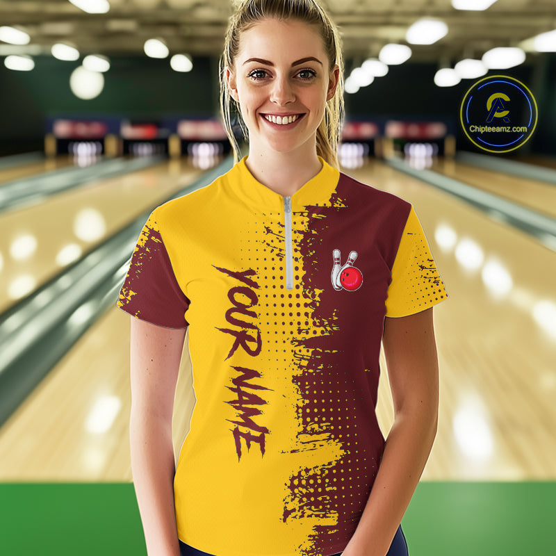 Yellow and Red Bowling Polo, Quarter Zip shirts for Women Custom Bowling Team Jerseys NQS10882