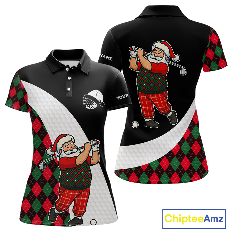 Funny Santa Golf Christmas Womens Polo Shirt green and red argyle pattern Custom Ladies Golf outfit NQS11053