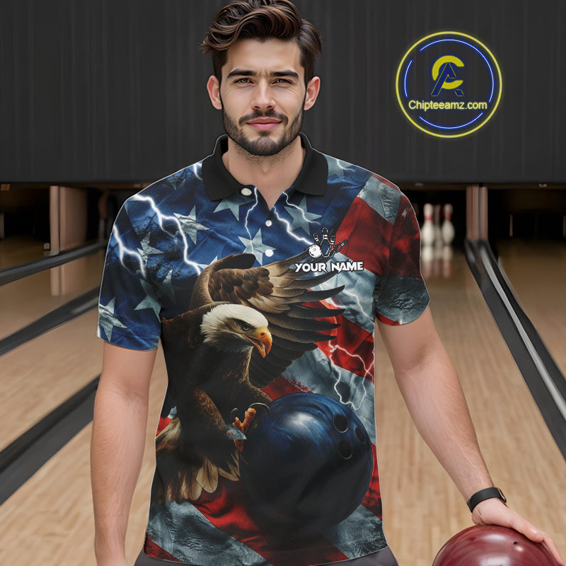 American Flag Eagle Lightning Thunder Bowling Shirts For Men Custom Patriotic Bowling Team Jerseys NQS11059