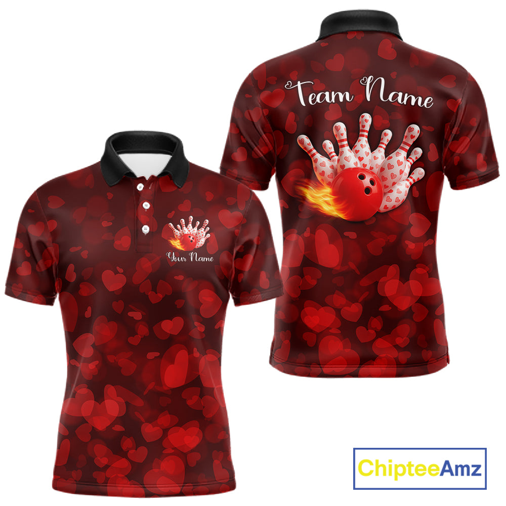 Red Hearts pattern Valentine Bowling Polo, 1/4 zip Shirts For Men Custom Bowling Couple Outfits NQS11251