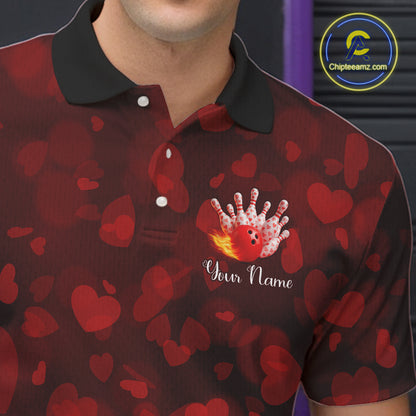 Red Hearts pattern Valentine Bowling Polo, 1/4 zip Shirts For Men Custom Bowling Couple Outfits NQS11251