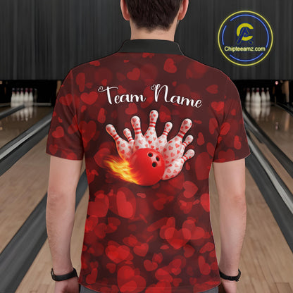 Red Hearts pattern Valentine Bowling Polo, 1/4 zip Shirts For Men Custom Bowling Couple Outfits NQS11251