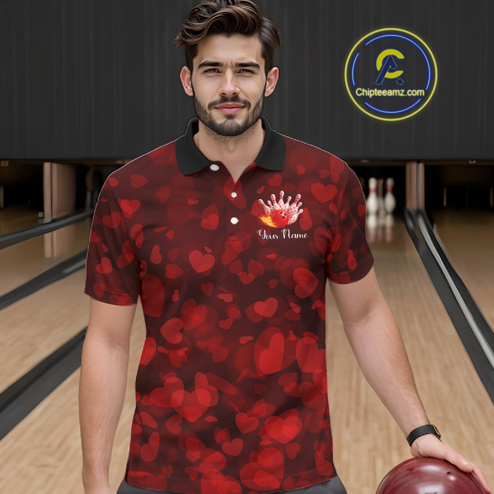Red Hearts pattern Valentine Bowling Polo, 1/4 zip Shirts For Men Custom Bowling Couple Outfits NQS11251