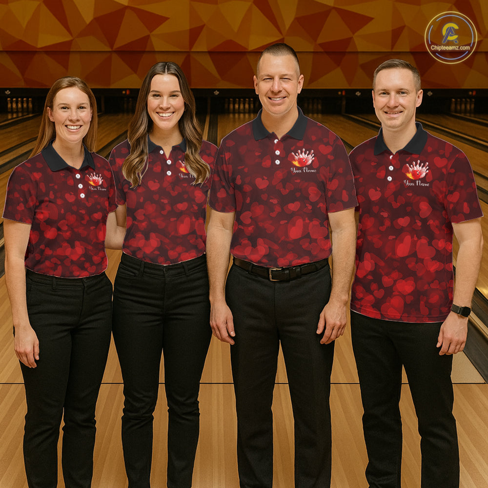 Red Hearts pattern Valentine Bowling Polo, 1/4 zip Shirts For Men Custom Bowling Couple Outfits NQS11251