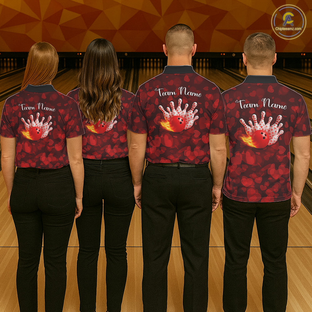 Red Hearts pattern Valentine Bowling Polo, 1/4 zip Shirts For Men Custom Bowling Couple Outfits NQS11251