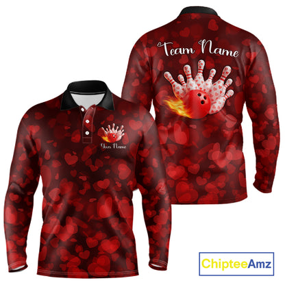 Red Hearts pattern Valentine Bowling Polo, 1/4 zip Shirts For Men Custom Bowling Couple Outfits NQS11251
