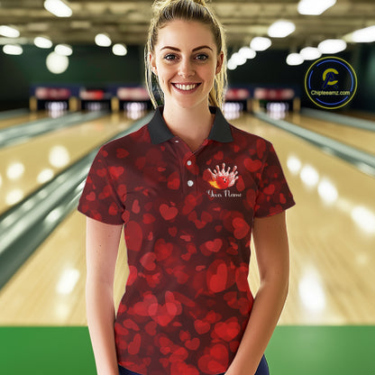 Red Hearts pattern Valentine Bowling Polo, 1/4 zip Shirts For Women Custom Bowling Couple Outfits NQS11251
