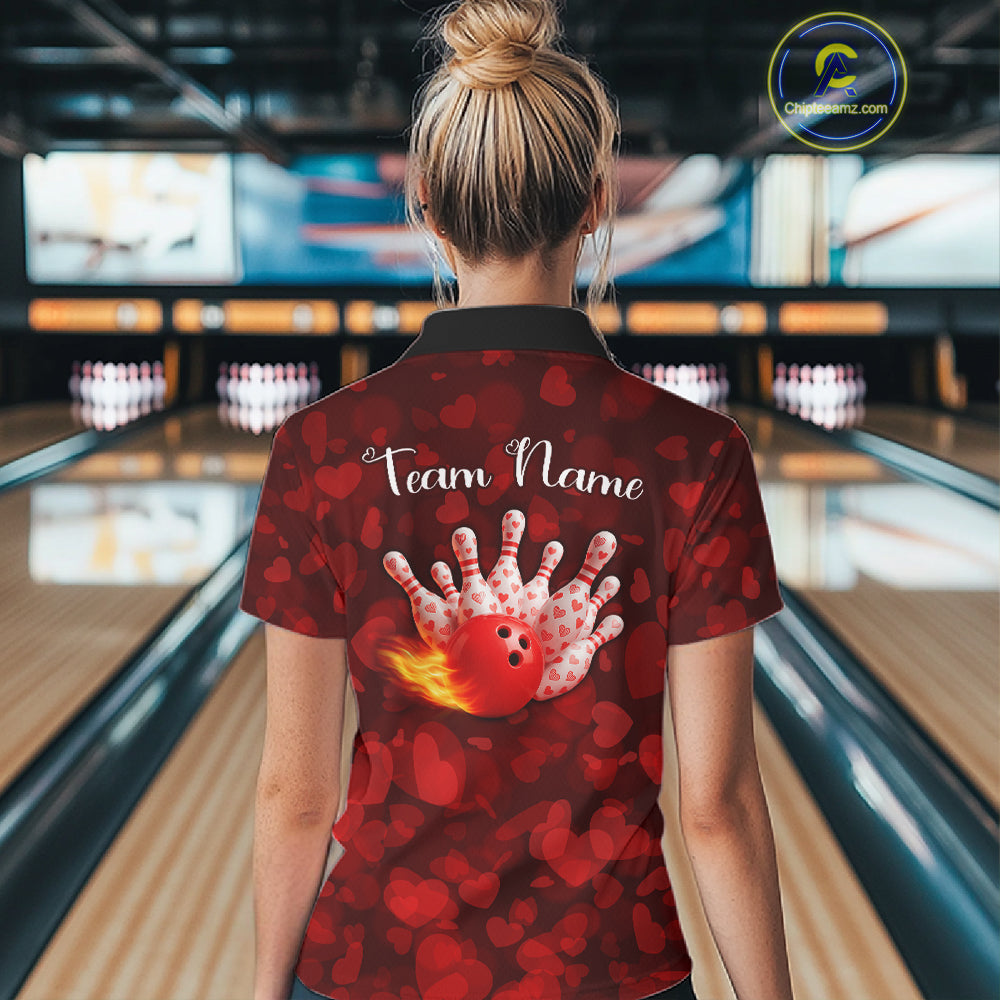 Red Hearts pattern Valentine Bowling Polo, 1/4 zip Shirts For Women Custom Bowling Couple Outfits NQS11251