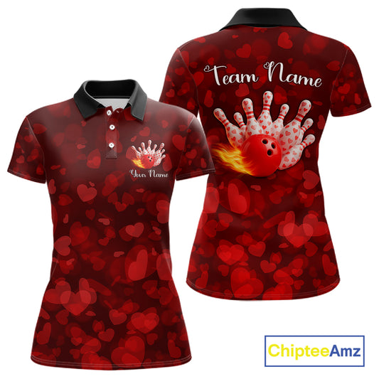 Red Hearts pattern Valentine matching bowling shirts for couples Custom Bowling Couple Outfits NQS11251