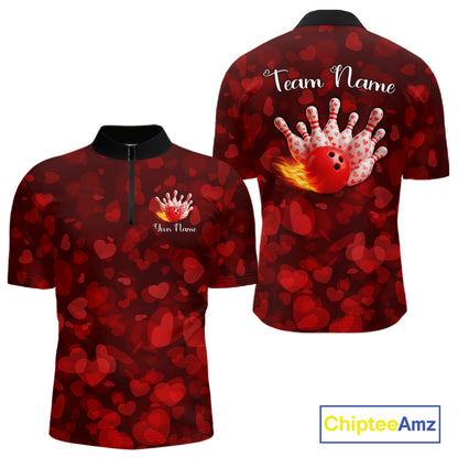 Red Hearts pattern Valentine matching bowling shirts for couples Custom Bowling Couple Outfits NQS11251