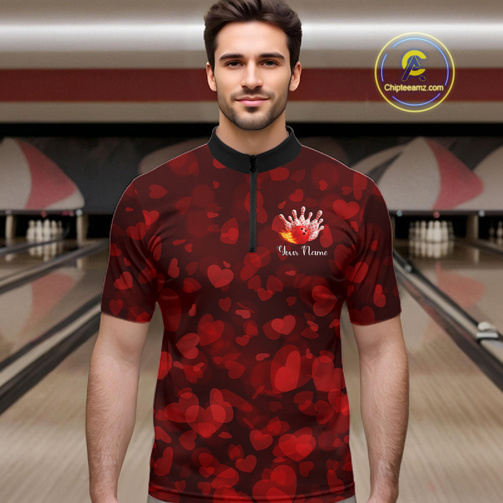Red Hearts pattern Valentine Bowling Polo, 1/4 zip Shirts For Men Custom Bowling Couple Outfits NQS11251