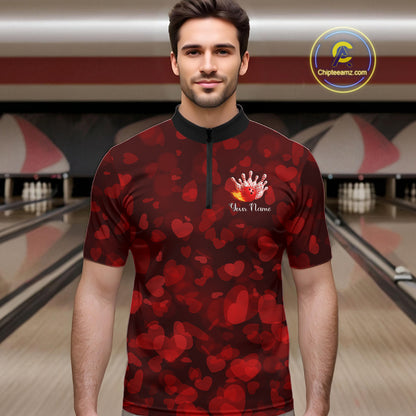 Red Hearts pattern Valentine Bowling Polo, 1/4 zip Shirts For Men Custom Bowling Couple Outfits NQS11251