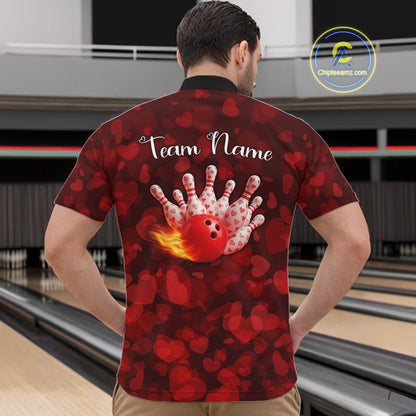 Red Hearts pattern Valentine Bowling Polo, 1/4 zip Shirts For Men Custom Bowling Couple Outfits NQS11251