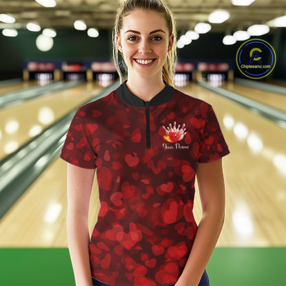Red Hearts pattern Valentine Bowling Polo, 1/4 zip Shirts For Women Custom Bowling Couple Outfits NQS11251