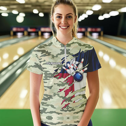 Texas Flag Green Camo Bowling Polo, Quarter Zip shirts for Women custom Texas Bowling Team Jerseys NQS9536