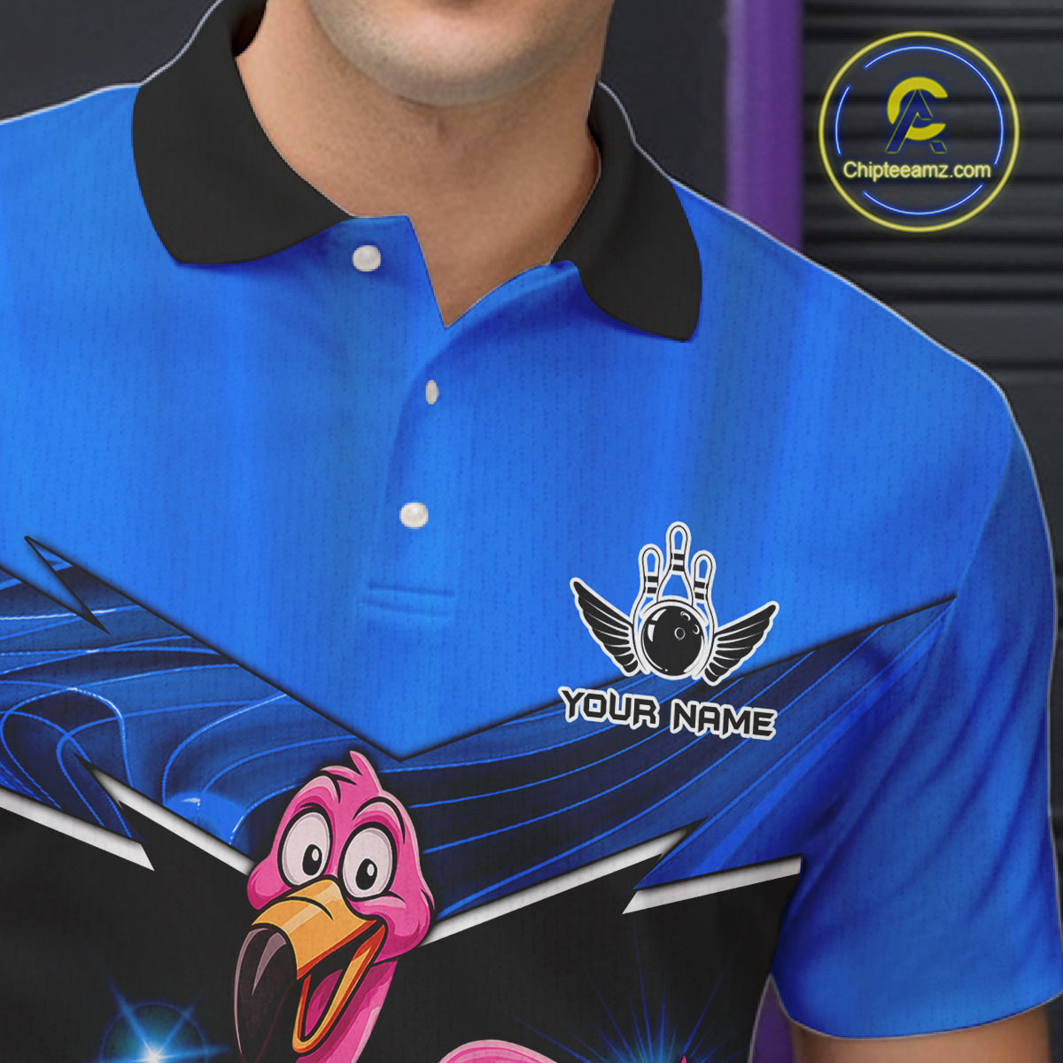 Funny Pink Flamingo Bowling Polo, 1/4 zip shirts for Men Custom Flamingo Team bowling outfit | Blue NQS11653