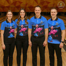 Load image into Gallery viewer, Funny Pink Flamingo Bowling Polo, 1/4 zip shirts for Women Custom Flamingo Team bowling outfit | Blue NQS11653