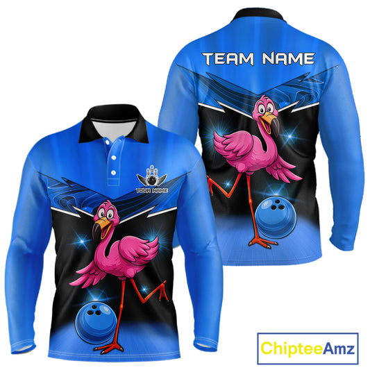 Funny Pink Flamingo Bowling Polo, 1/4 zip shirts for Men Custom Flamingo Team bowling outfit | Blue NQS11653