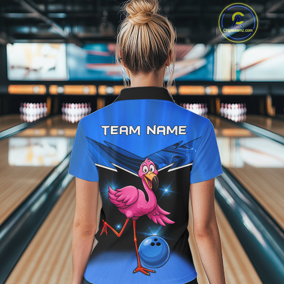 Funny Pink Flamingo Bowling Polo, 1/4 zip shirts for Women Custom Flamingo Team bowling outfit | Blue NQS11653