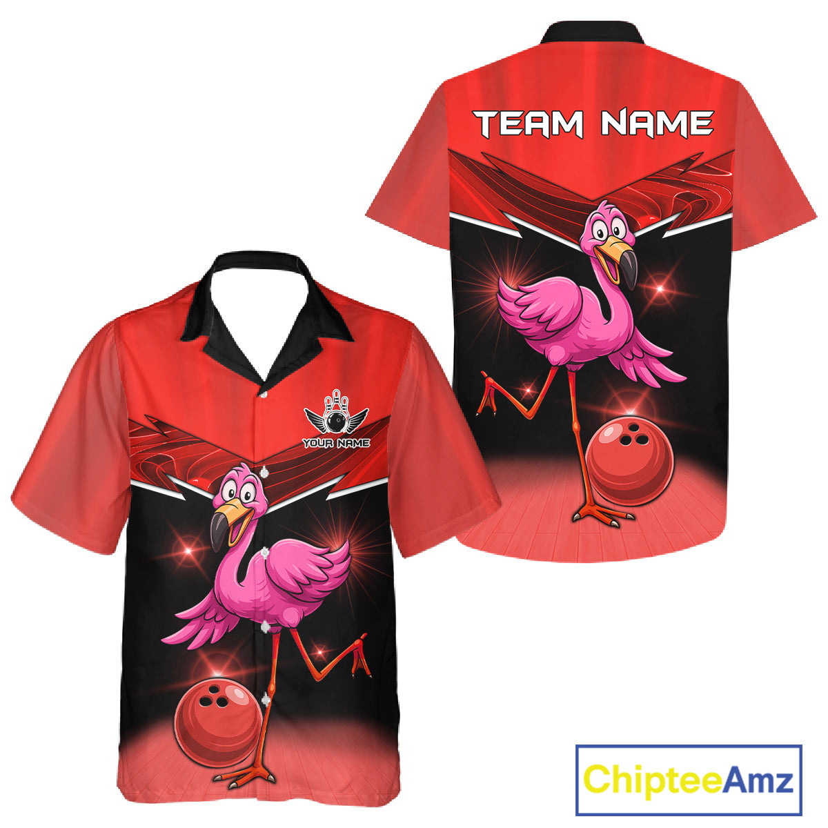 Funny Pink Flamingo Bowling Hawaiian Shirt Custom Flamingo Team bowling button-up shirt | Red NQS11654