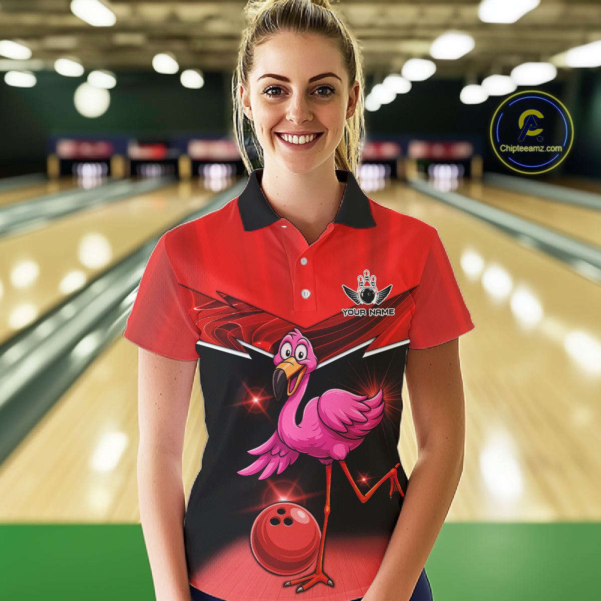Funny Pink Flamingo Bowling Polo, 1/4 zip shirts for Women Custom Flamingo Team bowling outfit | Red NQS11654