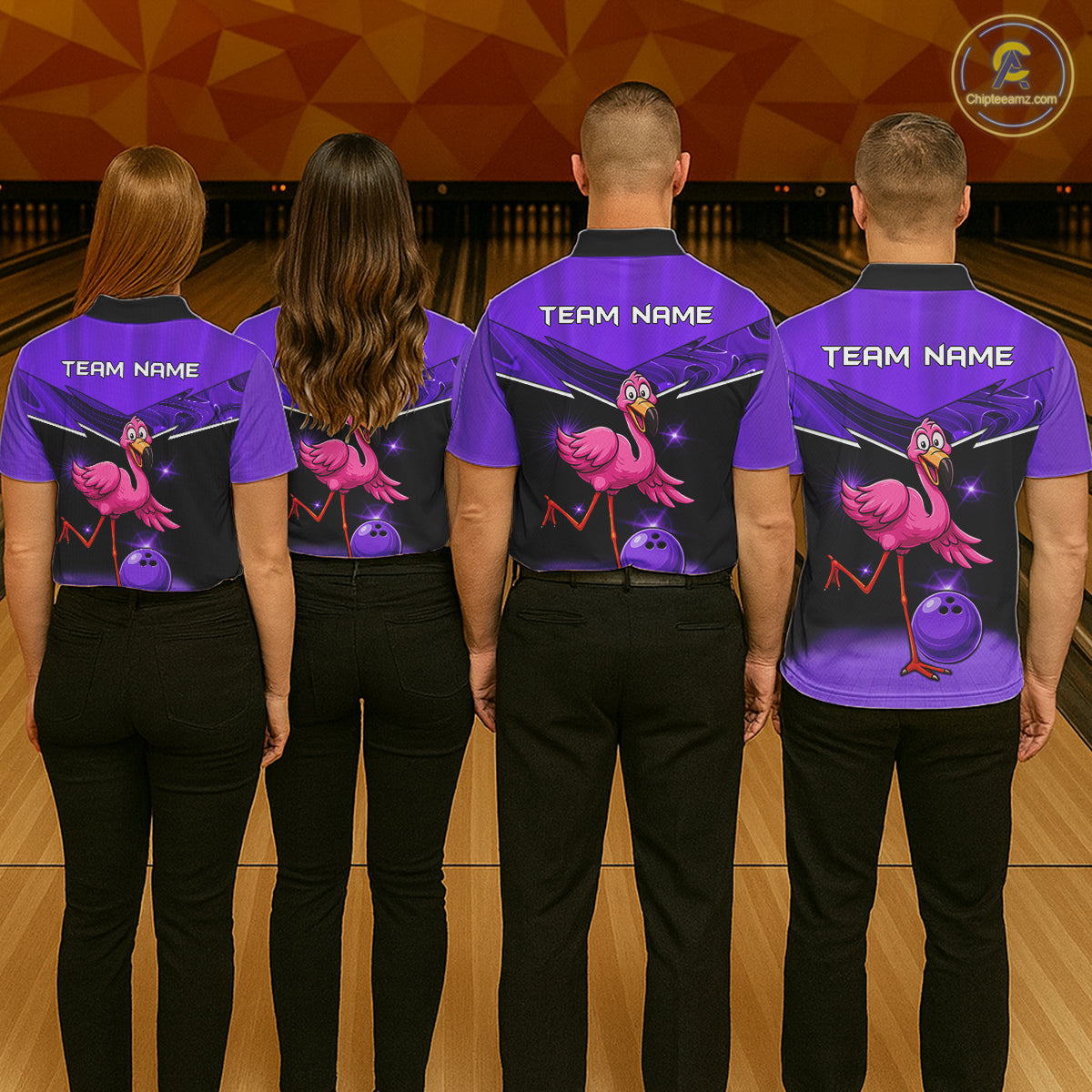 Funny Pink Flamingo Bowling Polo, 1/4 zip shirts for Men Custom Flamingo Team bowling outfit | Purple NQS11655