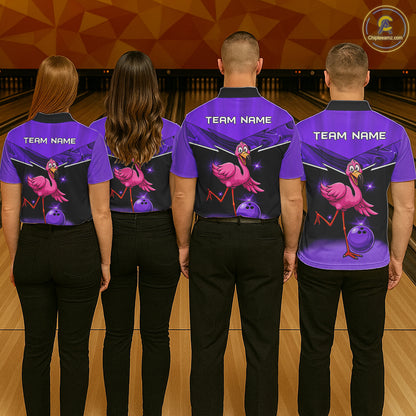 Funny Pink Flamingo Bowling Polo, 1/4 zip shirts for Men Custom Flamingo Team bowling outfit | Purple NQS11655