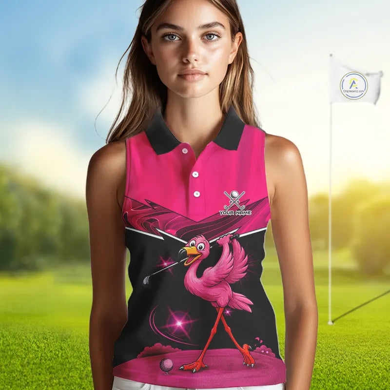 Funny Pink Flamingo Sleeveless Golf Shirt Custom Flamingo Team ladies golf tops, funny golf gifts NQS11656
