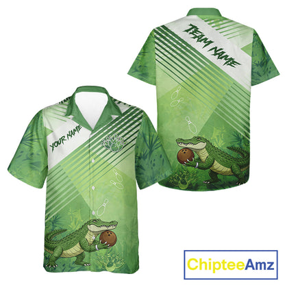 Funny Alligator Bowling Button-up Shirts Custom Alligator Bowling Team Hawaiian Jerseys | Green NQS11742