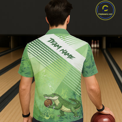 Funny Alligator Bowling Button-up Shirts Custom Alligator Bowling Team Hawaiian Jerseys | Green NQS11742