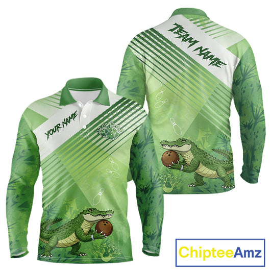 Funny Alligator Bowling Polo, 1/4 Zip Shirts For Men Custom Alligator Bowling Team Jerseys | Green NQS11742