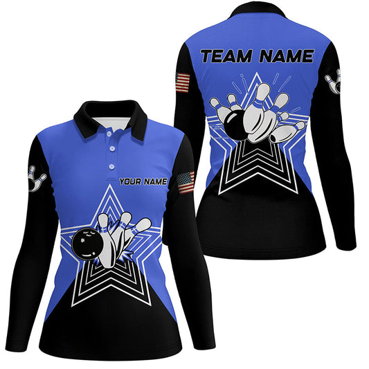 Blue and Black retro bowling ball pins star custom Women's bowling Polo, Quarter Zip shirt team jersey NQS7830
