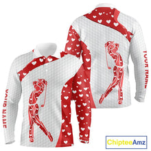 Load image into Gallery viewer, Personalized Red Hearts pattern golf white Mens golf polo shirts custom name Valentine golf gifts NQS11259
