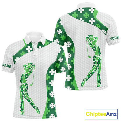 Personalized Green shamrock pattern golf white Mens golf polo shirt custom St Patrick's Day golf gift NQS11260
