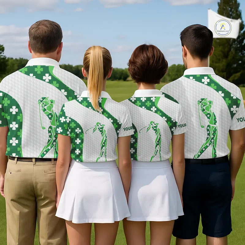 Personalized Green shamrock pattern golf white Women golf polo shirt custom St Patrick Day golf gift NQS11260
