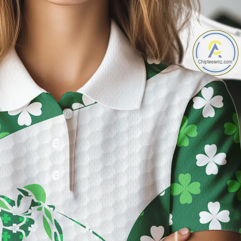Personalized Green shamrock pattern golf white Women golf polo shirt custom St Patrick Day golf gift NQS11260