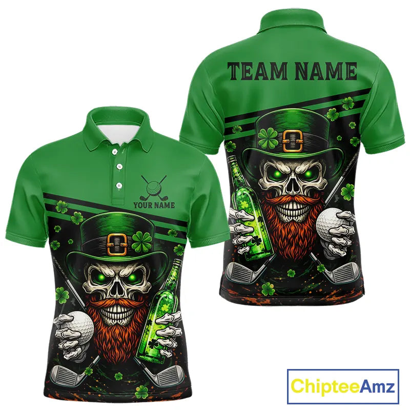 Green St Patrick Skull Golf and Beer Polo Golf shirts for Men Custom Team Mens Golf attire NQS11475