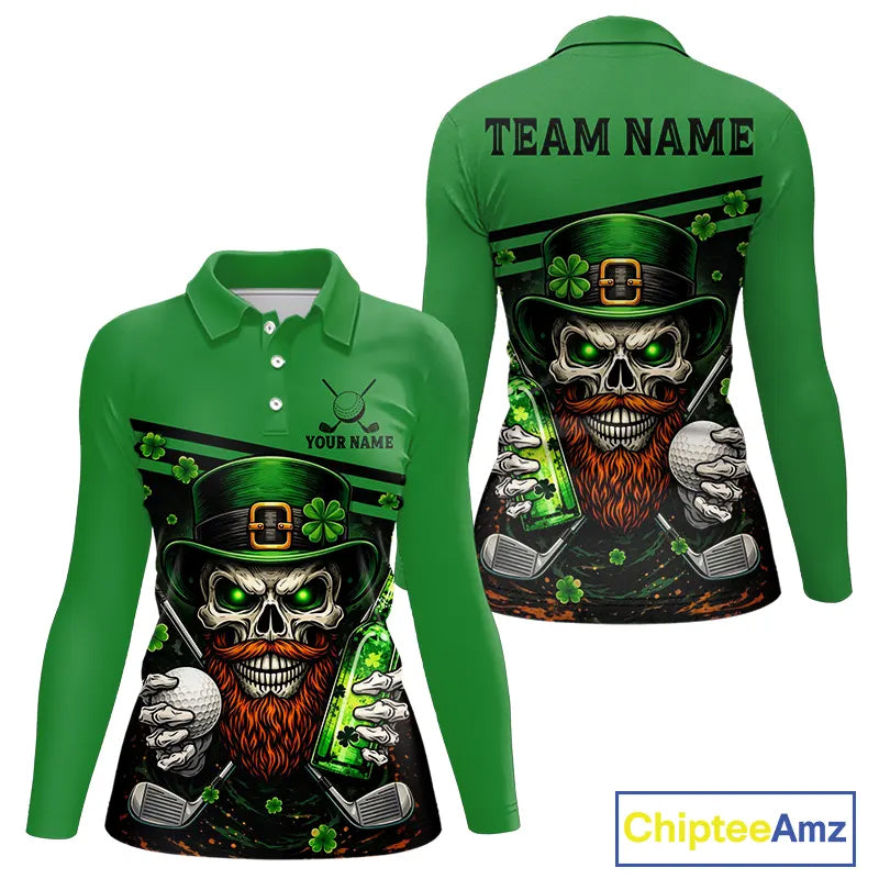 Green St Patrick Skull Golf and Beer Polo Golf shirts for Women Custom Team Ladies Golf attire NQS11475