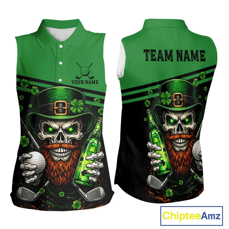 Green St Patrick Skull Golf and Beer Sleeveless Golf shirts for Women Custom Team Ladies Golf attire NQS11475