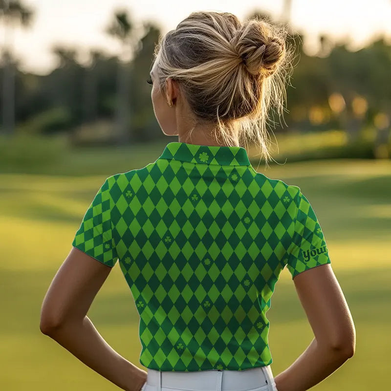 Personalized Green argyle pattern Women golf polo shirts Custom St Patrick day golf tops for women NQS9545