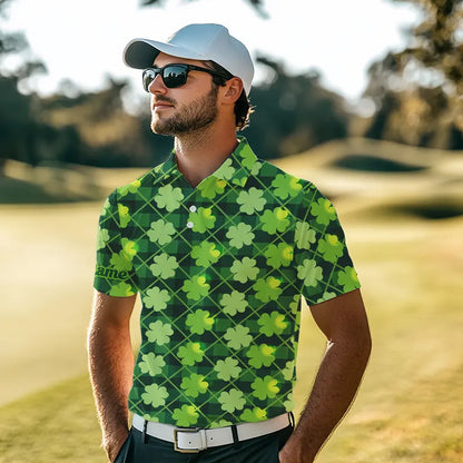 Personalized Green argyle shamrock pattern Men golf polo shirts Custom St Patrick day men golf tops NQS9546