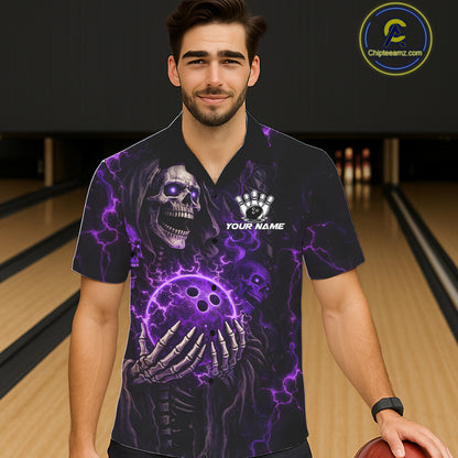 Personalized Skull Bowling Hawaiian Shirt Custom Team's Name Black and Purple Flame Bowler Jerseys NQS11659