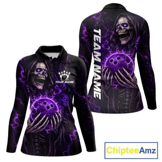 Personalized Skull Bowling Shirt For Women Custom Team's Name Black and Purple Flame Bowler Jerseys NQS11659