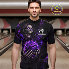 Load image into Gallery viewer, Personalized Skull Bowling Shirt For Men Custom Team's Name Black and Purple Flame Bowler Jerseys NQS11659