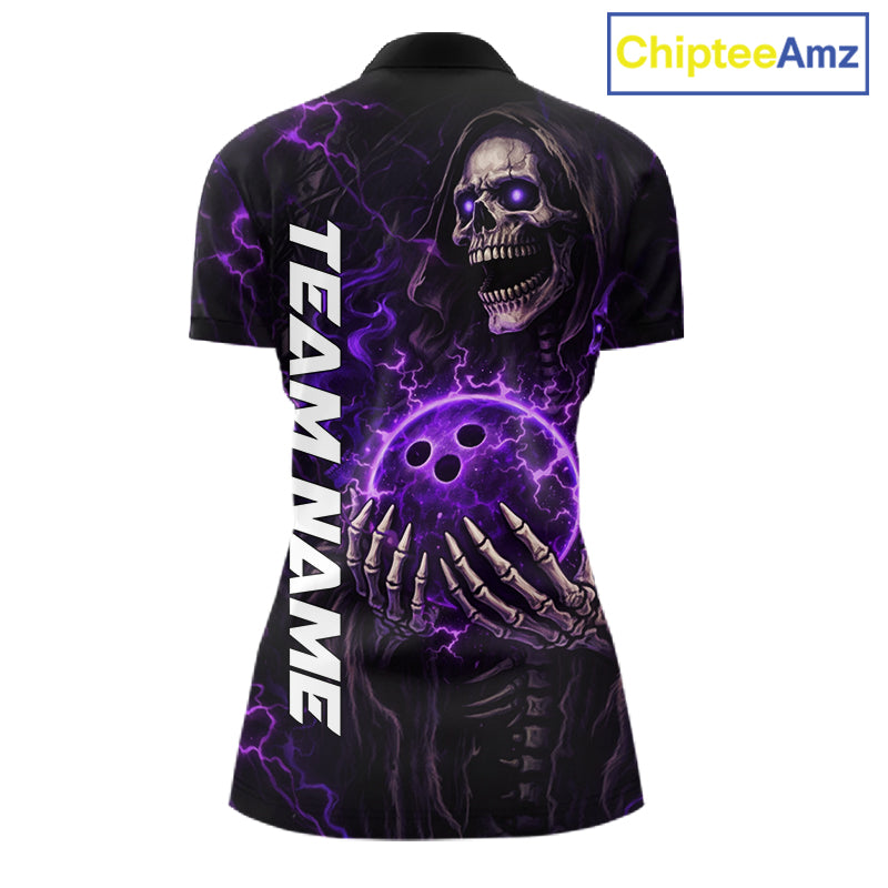 Personalized Skull Bowling Shirt For Women Custom Team's Name Black and Purple Flame Bowler Jerseys NQS11659